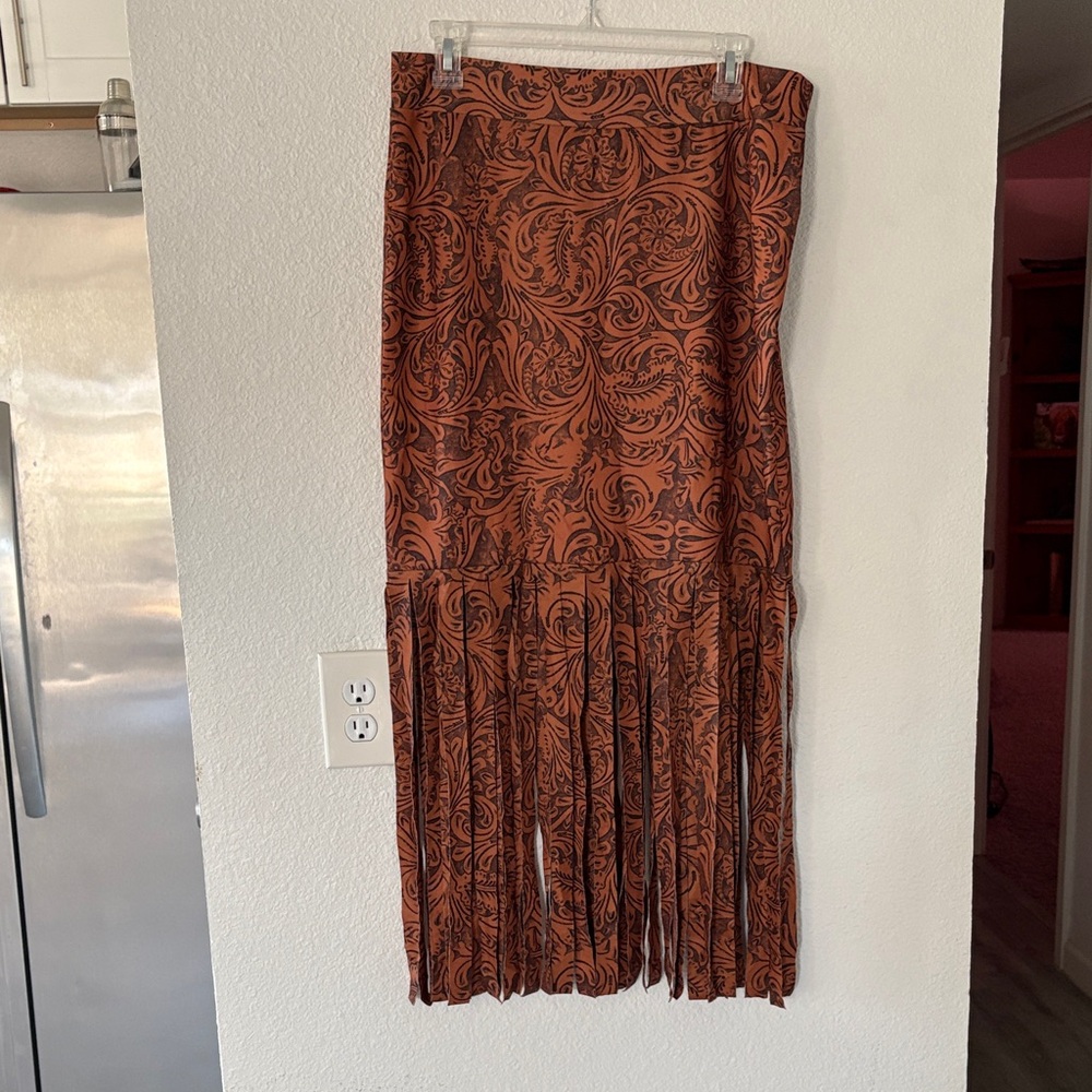Crazy Train Rust Patterned Maxi Skirt with Fringe
